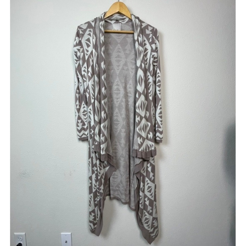 Nuage Geometric Tribal Duster Cardigan Women Taupe Cream Longline Open Front M
